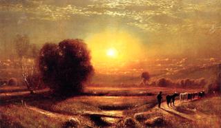 Sunset Landscape with Cows and Herder