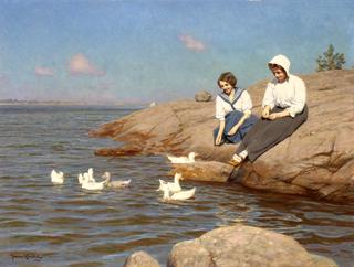 Women on the islet with ducks