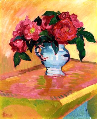 Red Peonies in a Light Blue Jar on a Bugatti Table