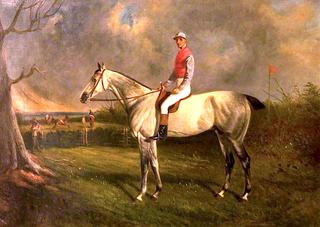 'Scot Guard', a Grey, with Jockey Up in a Landscape