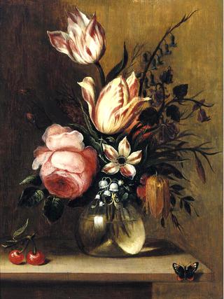 A still life with tulips, a pink rose and other flowers in a vase