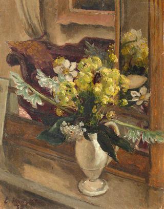 Still life of flowers in a jug, on a window ledge