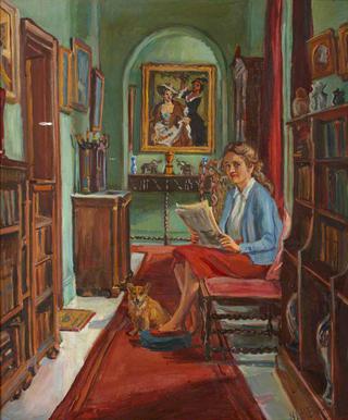 Cliffe Castle Interior with a Seated Girl and Dog