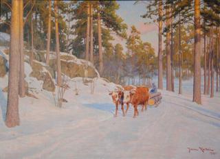Oxen in winter landscape