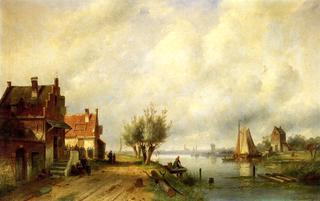 A River Landscape in Summer with Peasants Conversing by Old Houses along a Road, Moored Shipping Across, a Town in the Distance