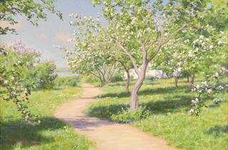 Summer landscape with blooming apple trees