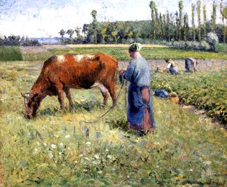 Girl Tending a Cow in a Pasture