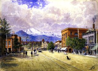 Pikes Peak Avenue, Colorado Springs, with Second Antlers Hotel and Pikes Peak