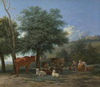 Farm Animals in the Shade of a Tree with a Boy and Sleeping Herdswoman