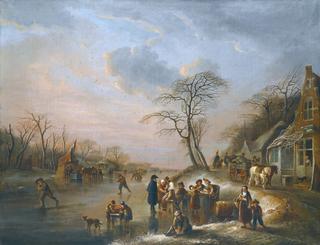 A winter landscape with figures seated outside a tavern on the frozen river