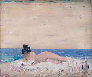 裸体女模特在海边读书