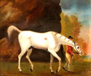 A Jockey in a Red Jacket Leading a Grey Horse