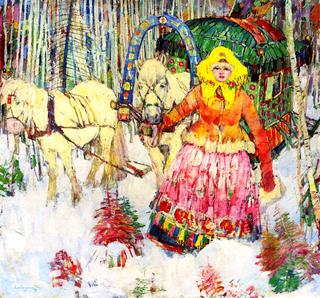 Mongolian Girl with Sled and White Horses