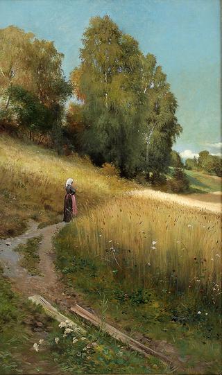 Autumn Landscape with Woman in a Cornfield