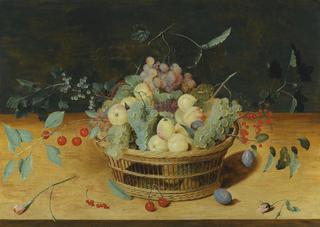 Still Life of Fruit in a Basket on a Ledge