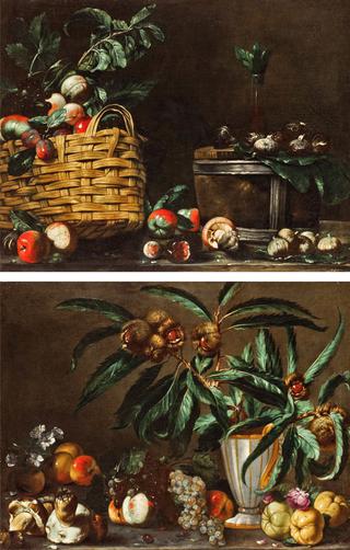 Still Life with a Basket of Fruit, a Bottle, Figs and Mushrooms - Still Life with a Vase, Chestnut B