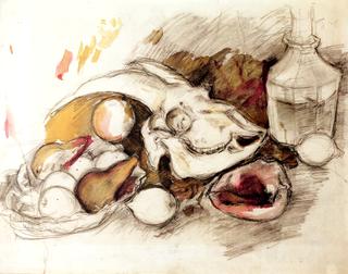 Still Life with Bottle, Fruit and Animal Skull