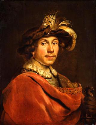 Young Man in a Red Coat and Dark Feathered Hat