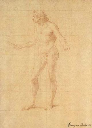 A Male Nude Wearing a Crown Gesturing to the Left