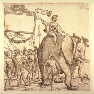 A man of Calicut, riding on an elephant, followed by five other men of Calicut