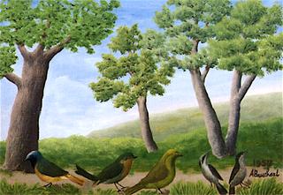 Five Birds on the Ground beneath the Trees