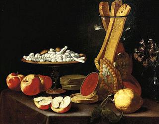 Sweets on a Tazza, Narcissi in a Glass Vase, Breadsticks in a Jar, and Apples, Jelly and a Lemon on a Draped Table