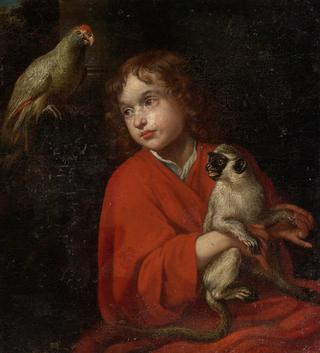 Parrot Watching a Boy Holding a Monkey