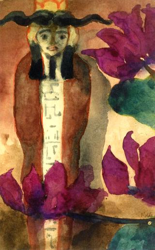 Egyptian Figure and Violet Red Blossoms