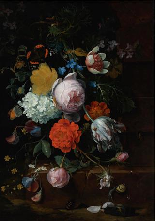 Peonies, Tulips, Roses and other Flowers on a Ledge