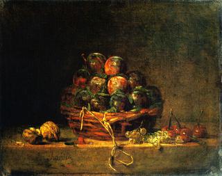Basket of Plums with Walnuts, Currants and Cherries