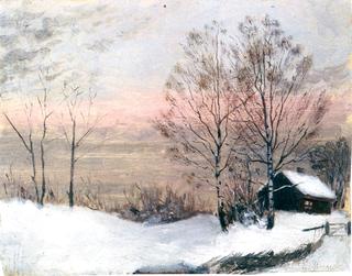 Winter Landscape with House and Red Sky