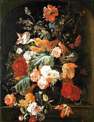 A Still Life of Roses, Variegated Tulips, Irises in a Glass Vase