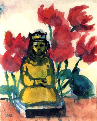 Buddha in front of Red Flowers