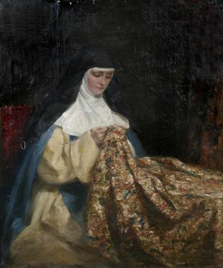 A nun embroidering fabric