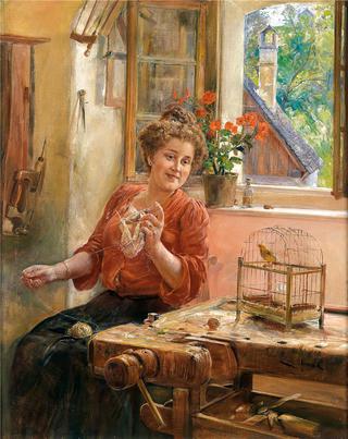 Lady Knitting at the Window with Canary