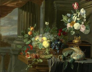 Still Life of a Basket of Fruit, Flowers in a Gilt Vase, a Nautilus Shell...