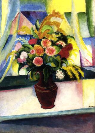 Still life: colourful bunch of flowers in front of a window