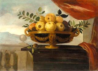 Still-Life of Apples, Pears and Plums in a Bowl, Set Upon a Wooden Table Before a Landscape