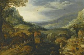 Mountain landscape with country folk dancing and merrymaking