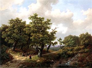 A Wooded Landscape with Figures Resting near a Stream