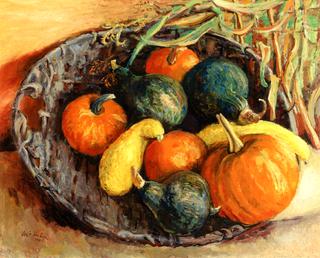 Pumpkins and Gourds in a Basket