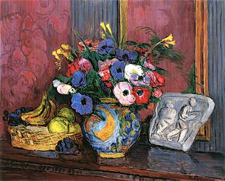 Still Life of Anemones with an Antique Relief
