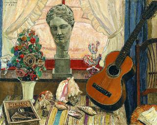 Interior with shells, guitar and flowers