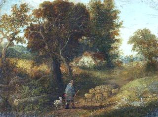 Pastoral Scene: Shepherd Driving Sheep Down Lane