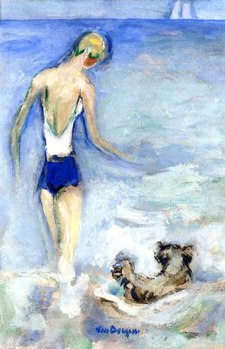 Bather and Her Dog in the Waves