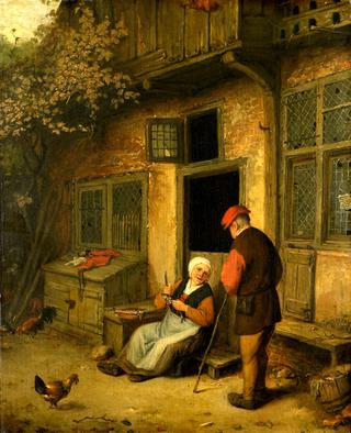 Elderly Couple in Conversation Outside a Cottage
