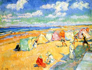 Beach with Tents and People in Soulac sur Mer