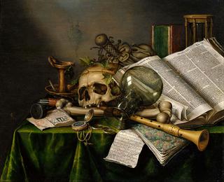 Still Life with Books and Manuscripts and a Skull