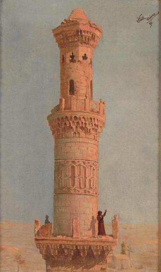 Muezzin on Minaret in the Morning Light (Muezzin auf Minarett im morgendlichen Licht)