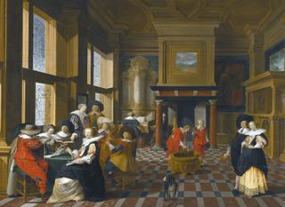 An Interior Scene with Elegant Figures Playing Music